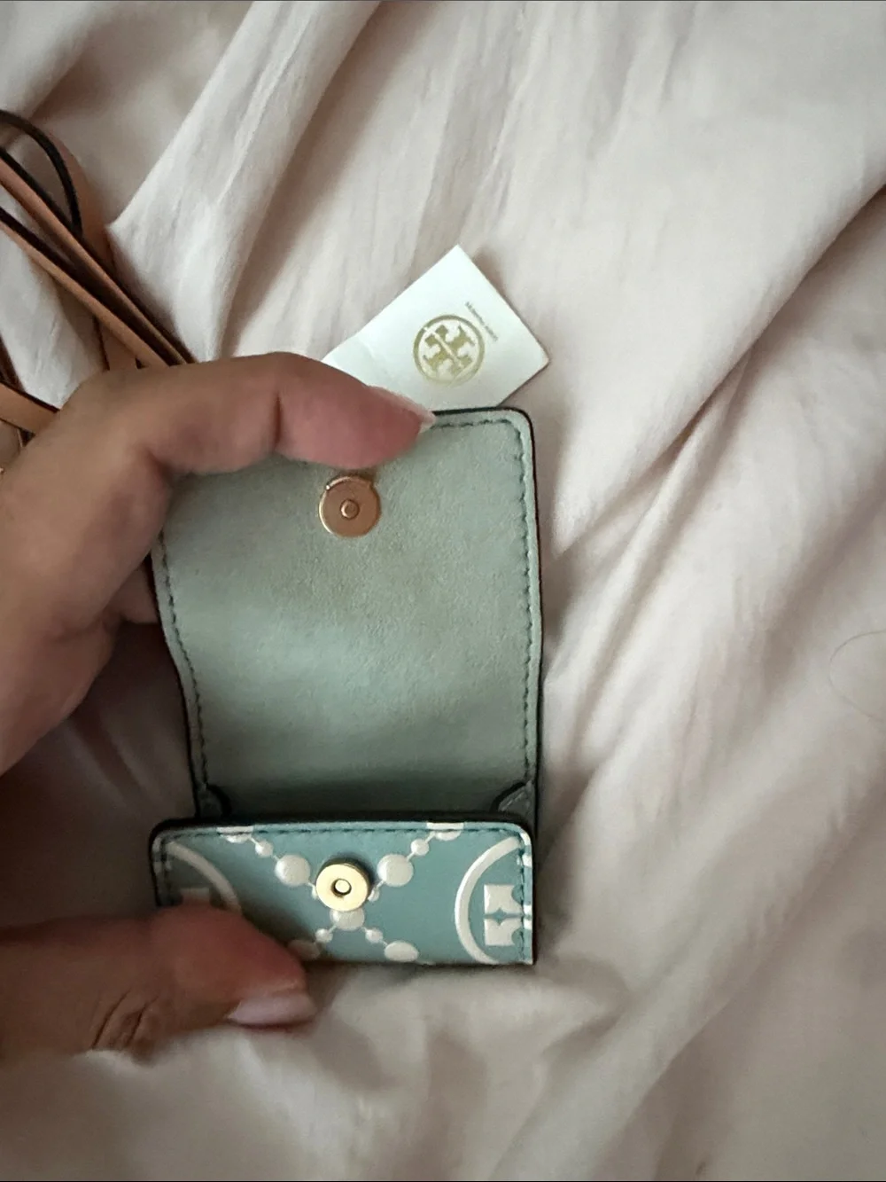 Tory Burch AirPods case Pale Blue Logo Mini Crossbody Card Case with Tan Strap